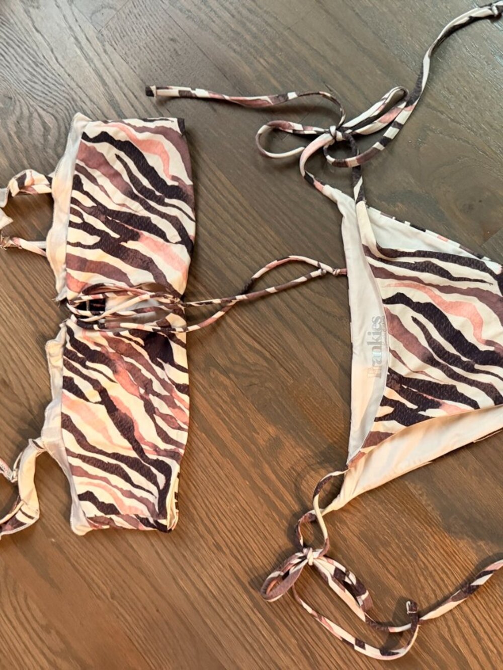 Frankies Bikinis Zebra Print Bandeau Top & Tie Side Bottom Bikini Set Large